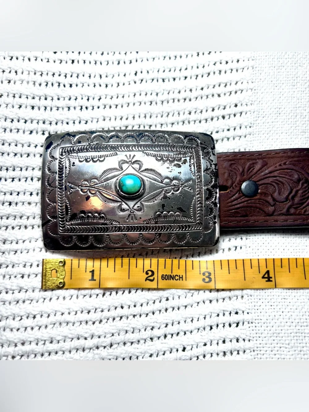 Tony Lama Navajo Spirit Belt Women’s 30 Brown Leather Silver Buckle Turquoise